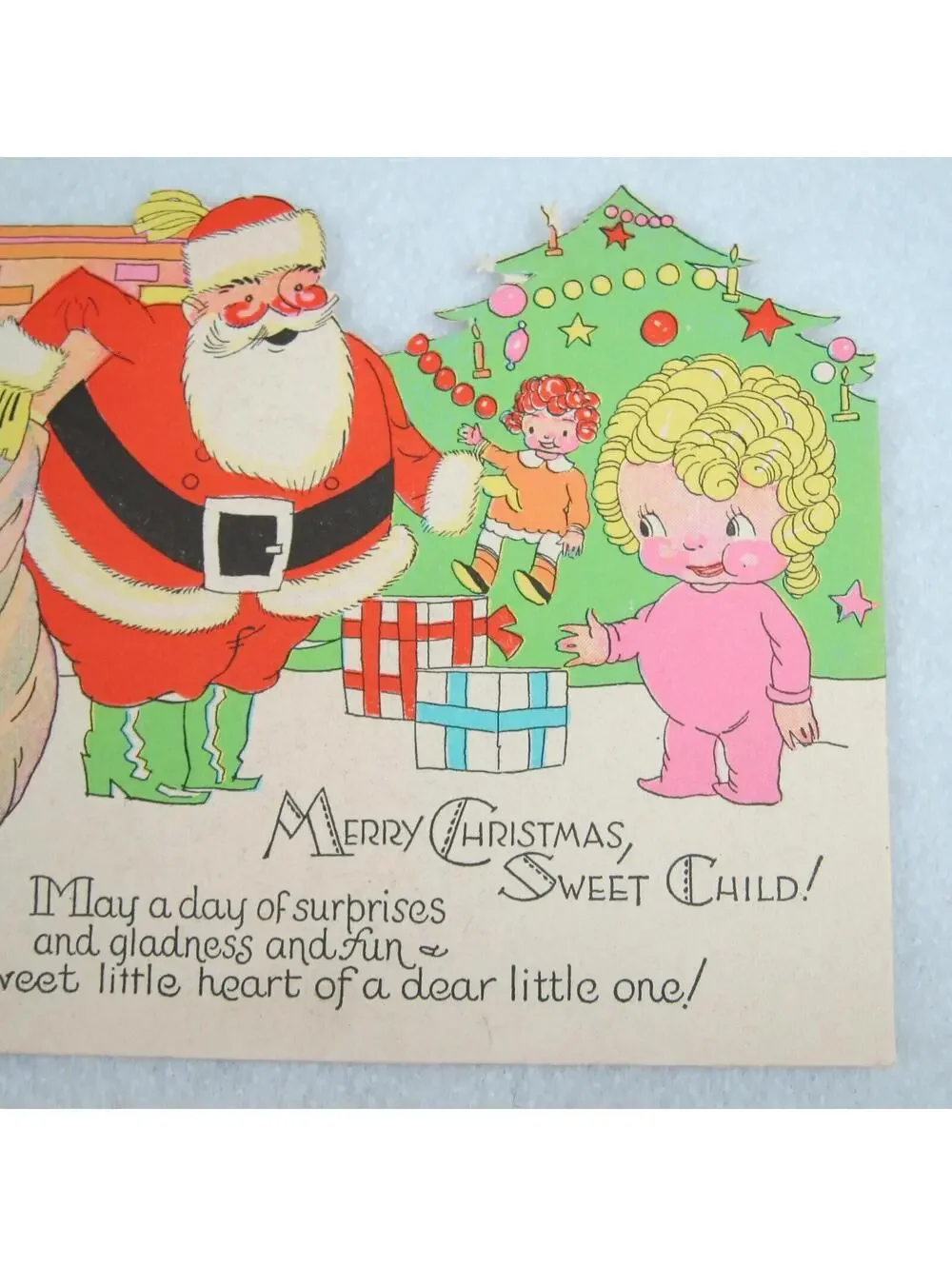 Vintage Christmas Card & Envelope Kewpie Style Girl & Santa Toys Tree Fireplace